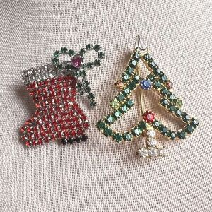 Lot of 2 Christmas‎ Brooch Multicolor, Rhinestone, Christmas tree and boot.